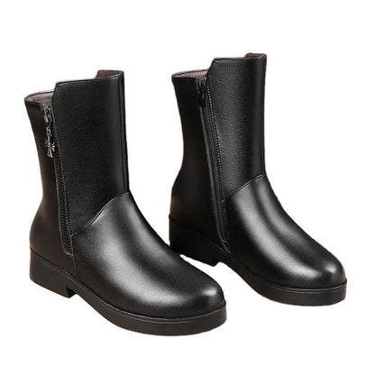 New Velvet Padded Mid-Tube Thick Heel Women's Boots in Black, featuring a luxurious velvet upper, thick heel, and padded interior for comfort and support.