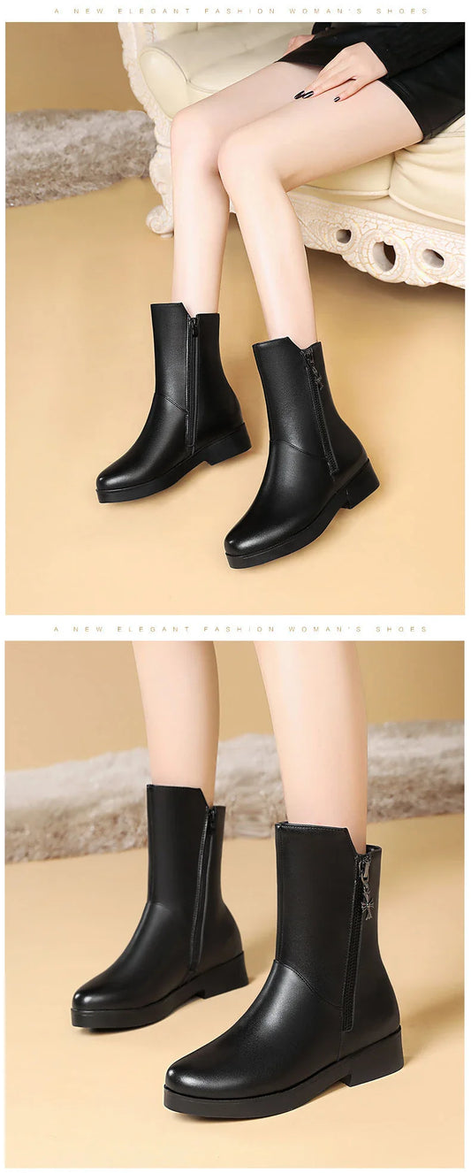 New Velvet Padded Mid-Tube Thick Heel Women's Boots in Black, featuring a luxurious velvet upper, thick heel, and padded interior for comfort and support.