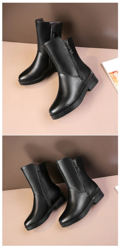 New Velvet Padded Mid-Tube Thick Heel Women's Boots in Black, featuring a luxurious velvet upper, thick heel, and padded interior for comfort and support.