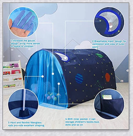 Premium indoor pop up bed tent for kids, a twin-size over bed tent topper that creates a cozy, imaginative space for play and relaxation.