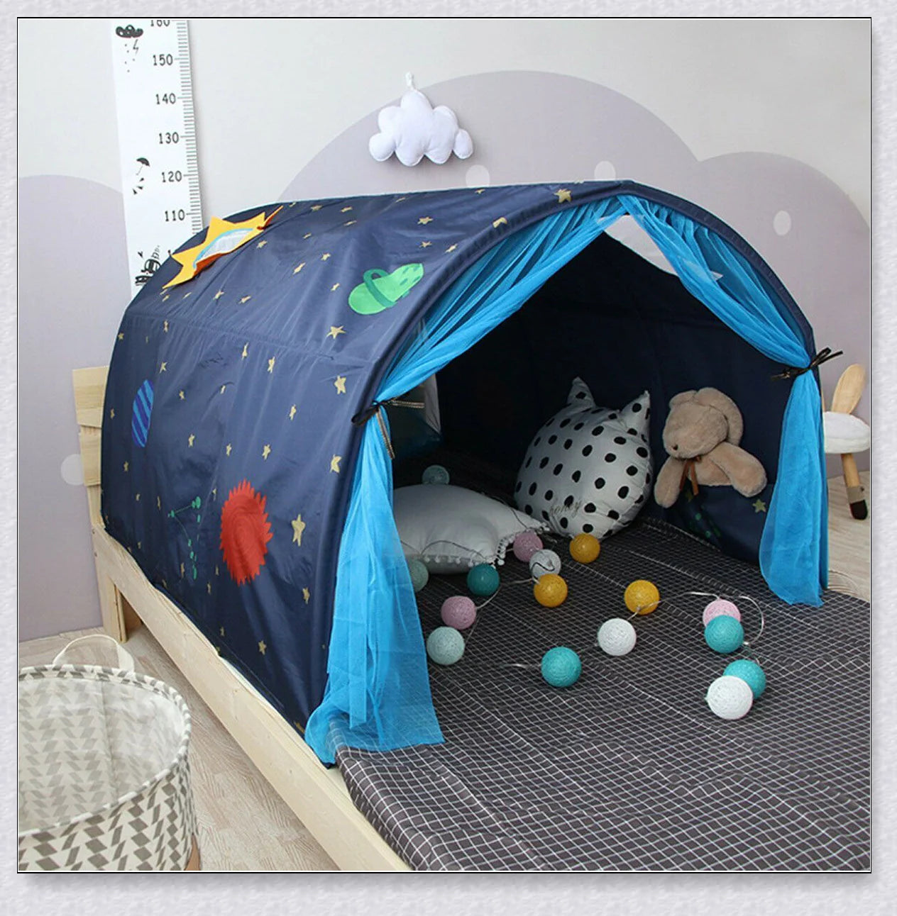 Premium indoor pop up bed tent for kids, a twin-size over bed tent topper that creates a cozy, imaginative space for play and relaxation.
