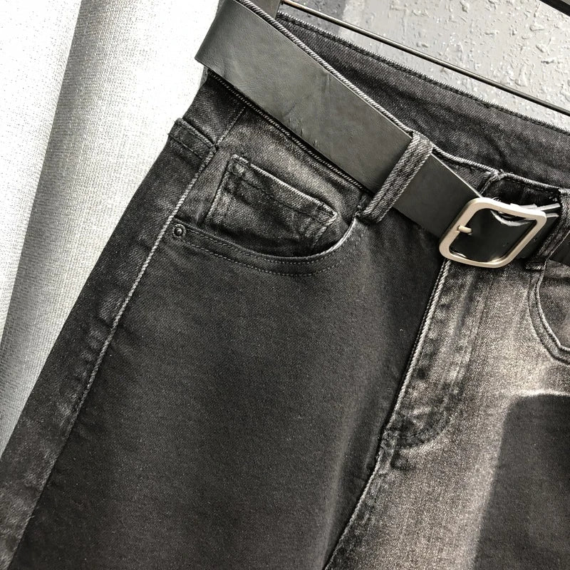 Women's high-waist denim harem pants with stitched personality patch design