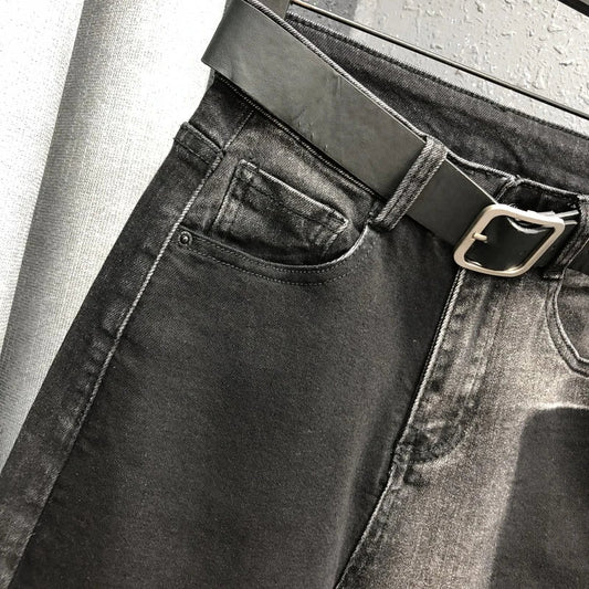 Women's high-waist denim harem pants with stitched personality patch design