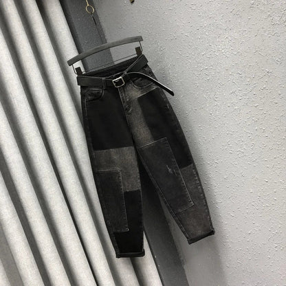 Women's high-waist denim harem pants with stitched personality patch design