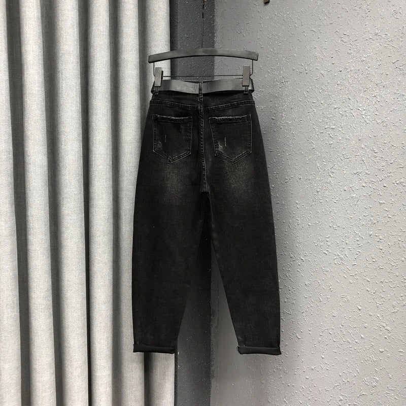 Women's high-waist denim harem pants with stitched personality patch design