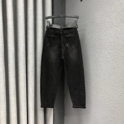 Women's high-waist denim harem pants with stitched personality patch design