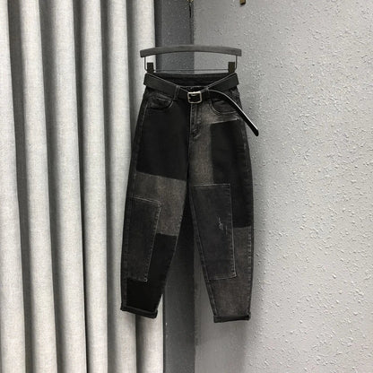 Women's high-waist denim harem pants with stitched personality patch design