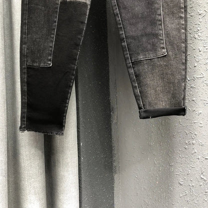 Women's high-waist denim harem pants with stitched personality patch design