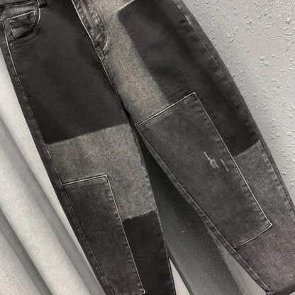 Women's high-waist denim harem pants with stitched personality patch design