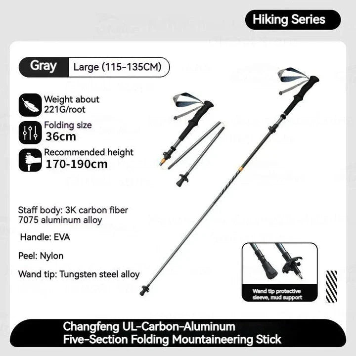 Durable and adjustable 5-section ultralight folding trekking pole for hiking and outdoor adventures