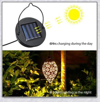 Decorative, solar-powered metal lantern for hanging in outdoor gardens, patios, and backyards