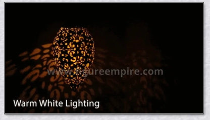 Decorative, solar-powered metal lantern for hanging in outdoor gardens, patios, and backyards