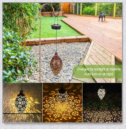 Decorative, solar-powered metal lantern for hanging in outdoor gardens, patios, and backyards
