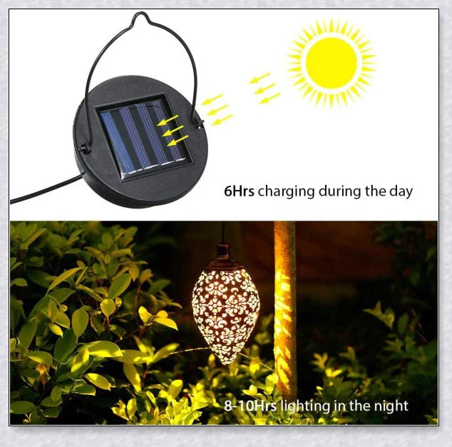 Decorative, solar-powered metal lantern for hanging in outdoor gardens, patios, and backyards
