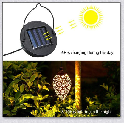 Decorative, solar-powered metal lantern for hanging in outdoor gardens, patios, and backyards