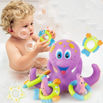 Colorful octopus bath toy with five rings for interactive ring toss game