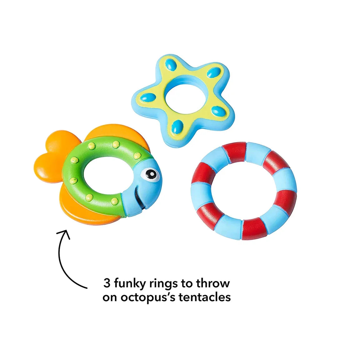 Colorful octopus bath toy with five rings for interactive ring toss game