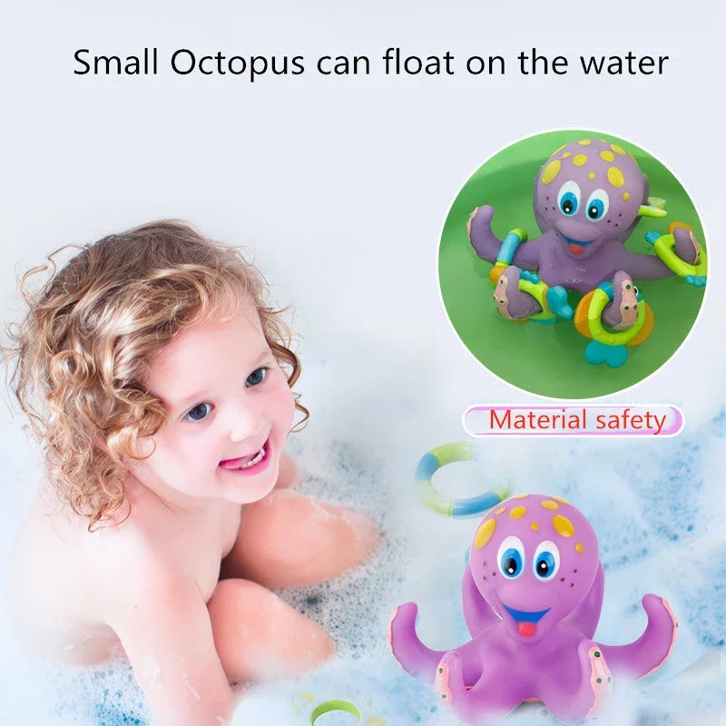 Colorful octopus bath toy with five rings for interactive ring toss game