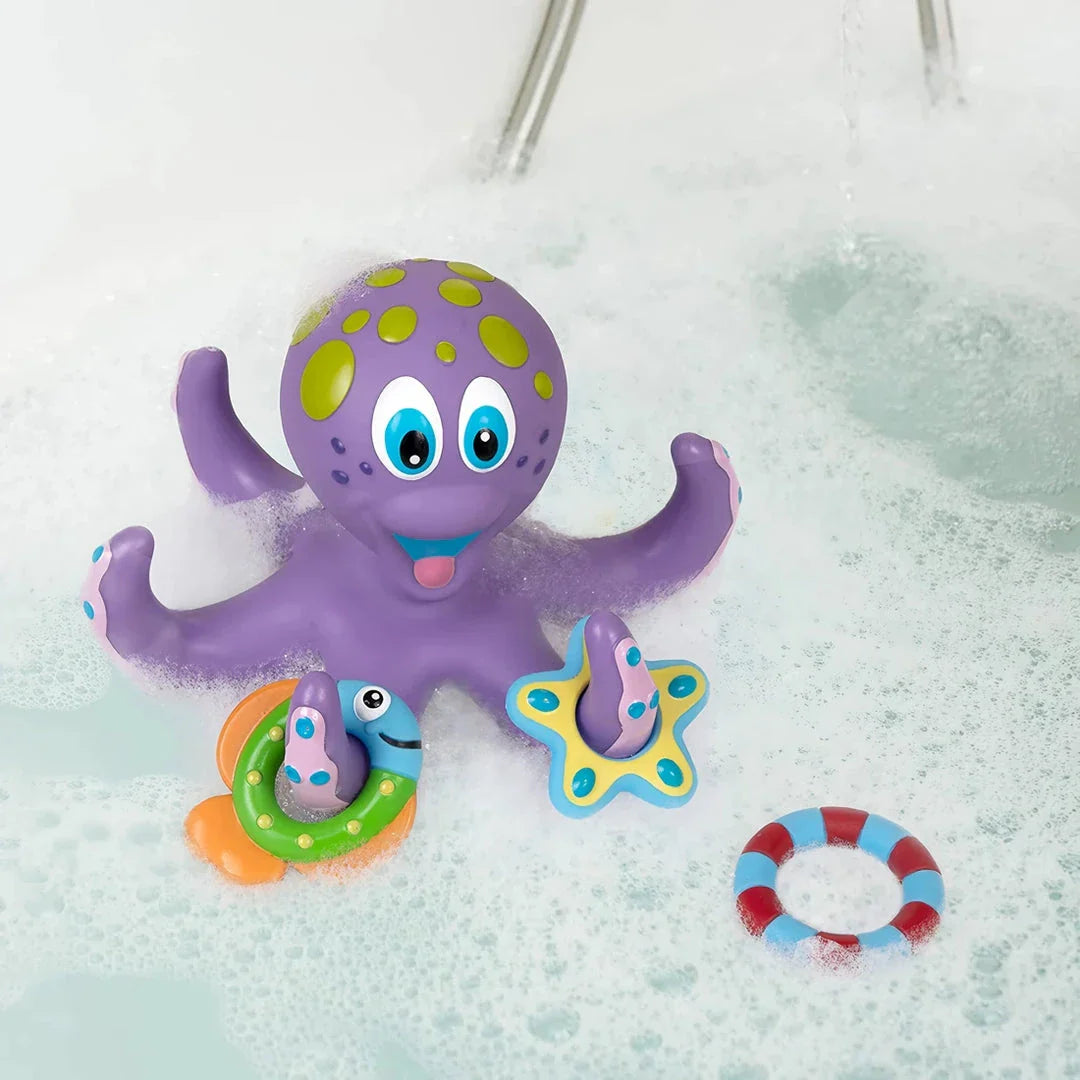 Colorful octopus bath toy with five rings for interactive ring toss game