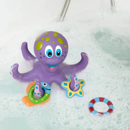 Colorful octopus bath toy with five rings for interactive ring toss game