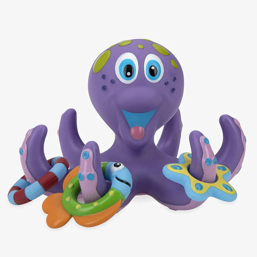 Colorful octopus bath toy with five rings for interactive ring toss game