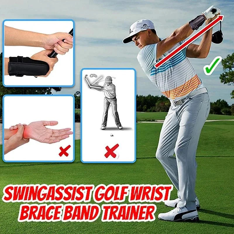 A golf wrist brace band trainer designed to improve swing mechanics and prevent wrist injuries