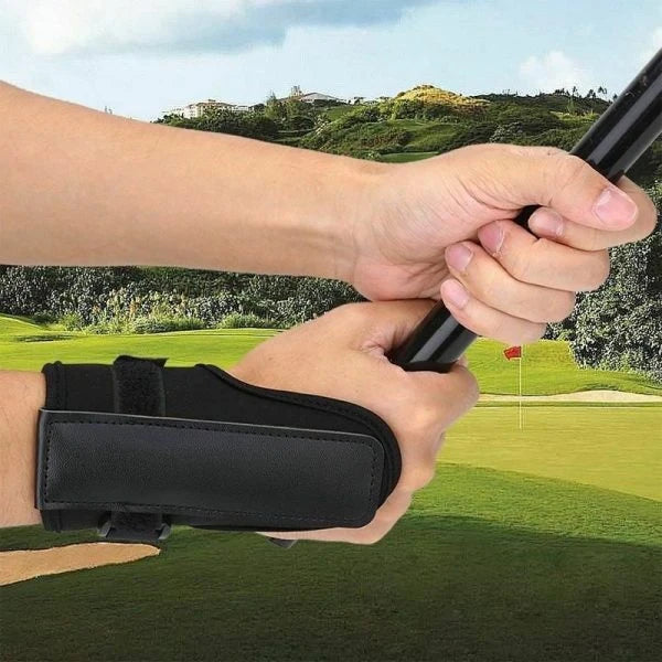 A golf wrist brace band trainer designed to improve swing mechanics and prevent wrist injuries