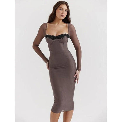 Elegant lace side mesh bandage midi dress in gray color, perfect for special occasions