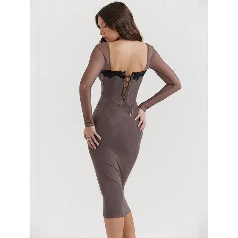 Hhomeenjoy Elegant Lace Side Mesh Bandage Midi Dress