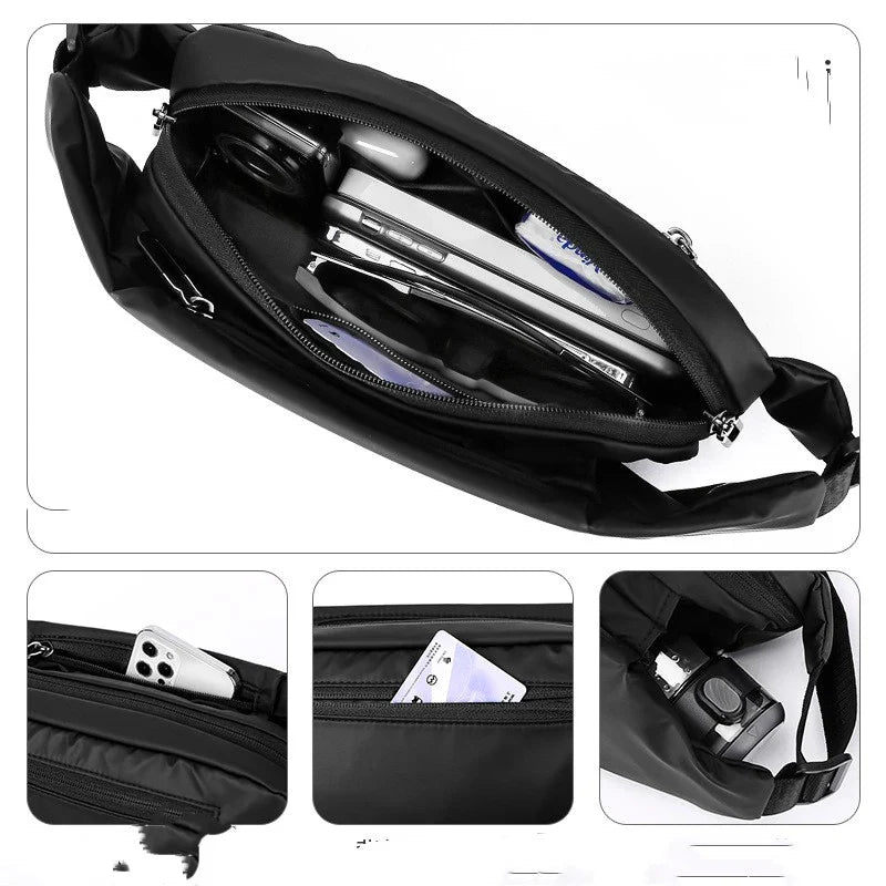 Functional Cross-body Men's Work Clothes One-shoulder Backpack in black color with multiple pockets and water-resistant design