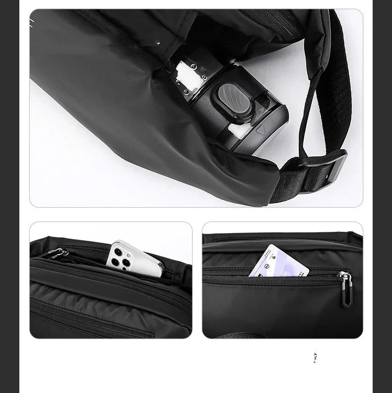 Functional Cross-body Men's Work Clothes One-shoulder Backpack in black color with multiple pockets and water-resistant design