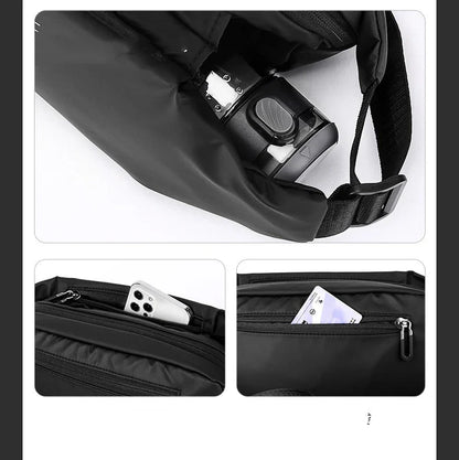 Functional Cross-body Men's Work Clothes One-shoulder Backpack in black color with multiple pockets and water-resistant design