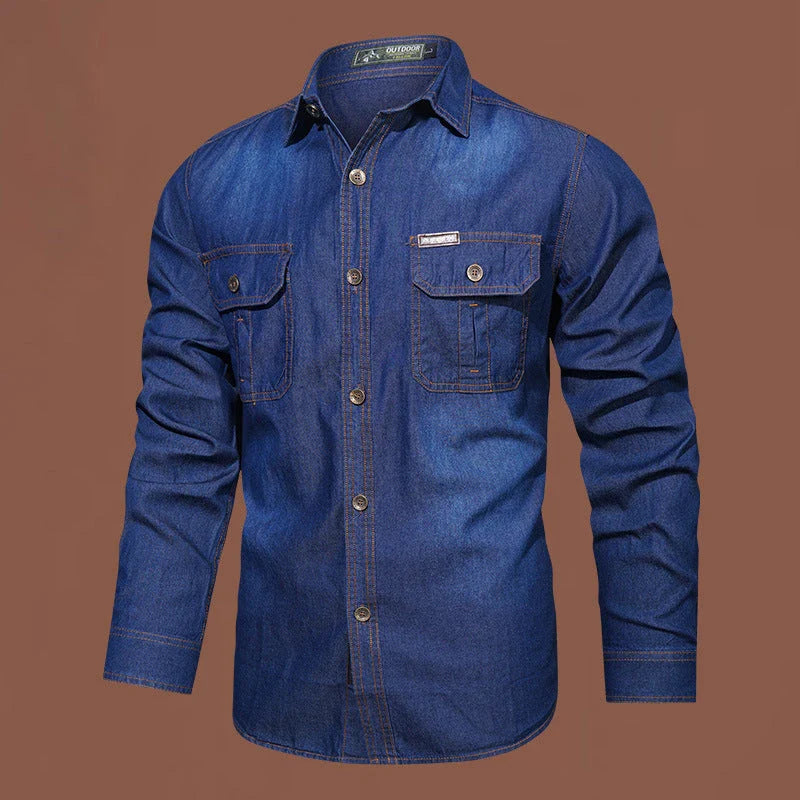 A stylish men's casual cotton and bamboo denim long-sleeved shirt in a light blue color