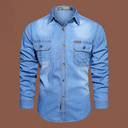 A stylish men's casual cotton and bamboo denim long-sleeved shirt in a light blue color