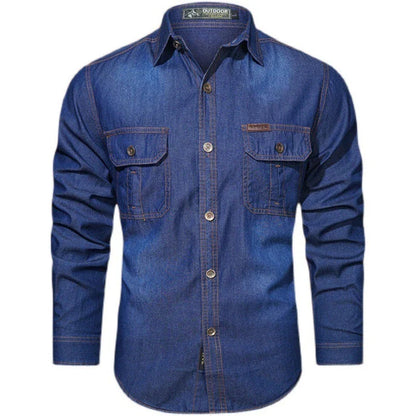 A stylish men's casual cotton and bamboo denim long-sleeved shirt in a light blue color