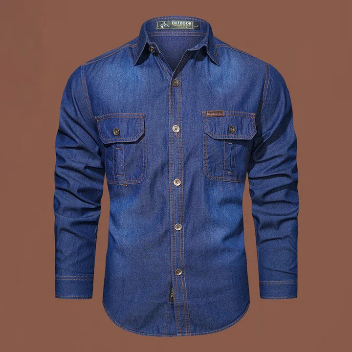 A stylish men's casual cotton and bamboo denim long-sleeved shirt in a light blue color