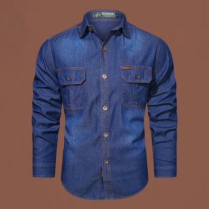 A stylish men's casual cotton and bamboo denim long-sleeved shirt in a light blue color