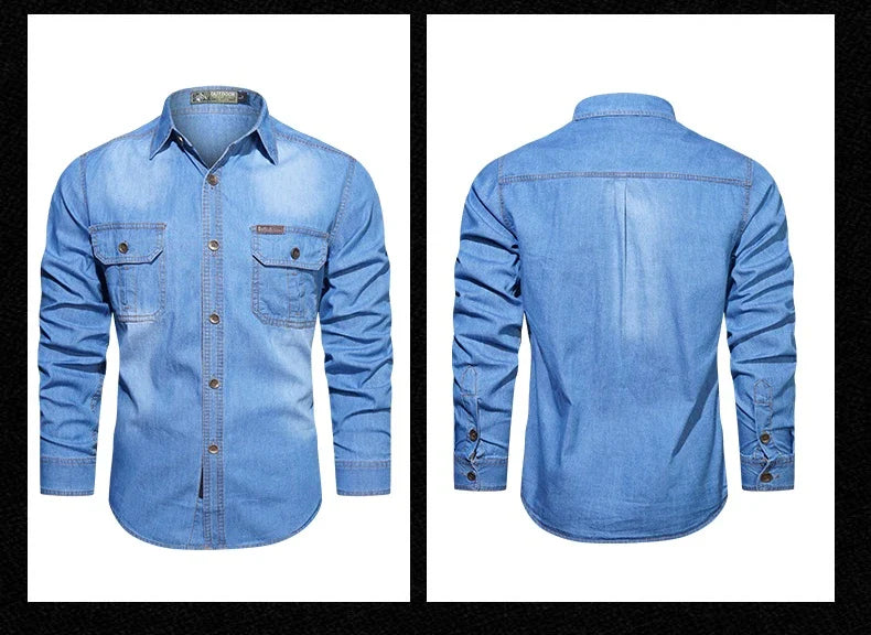A stylish men's casual cotton and bamboo denim long-sleeved shirt in a light blue color