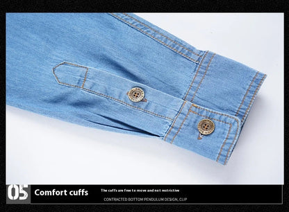 A stylish men's casual cotton and bamboo denim long-sleeved shirt in a light blue color