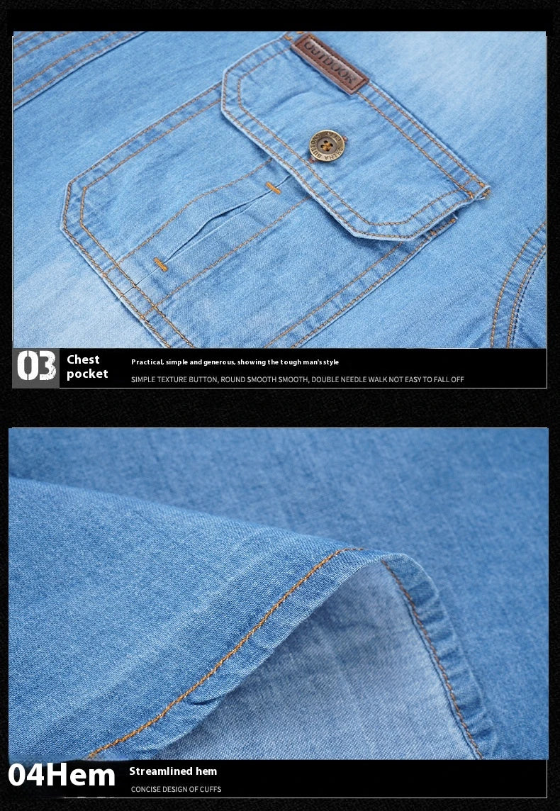 A stylish men's casual cotton and bamboo denim long-sleeved shirt in a light blue color