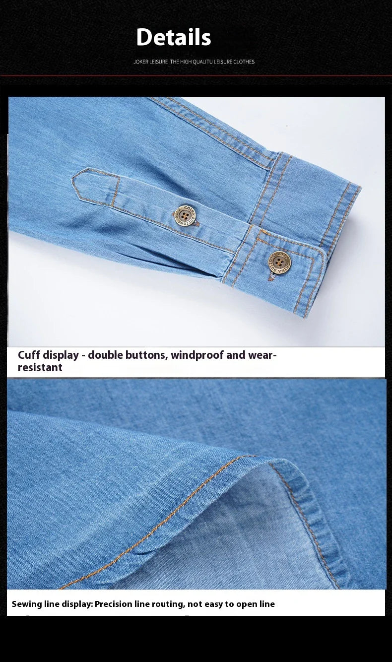 A stylish men's casual cotton and bamboo denim long-sleeved shirt in a light blue color