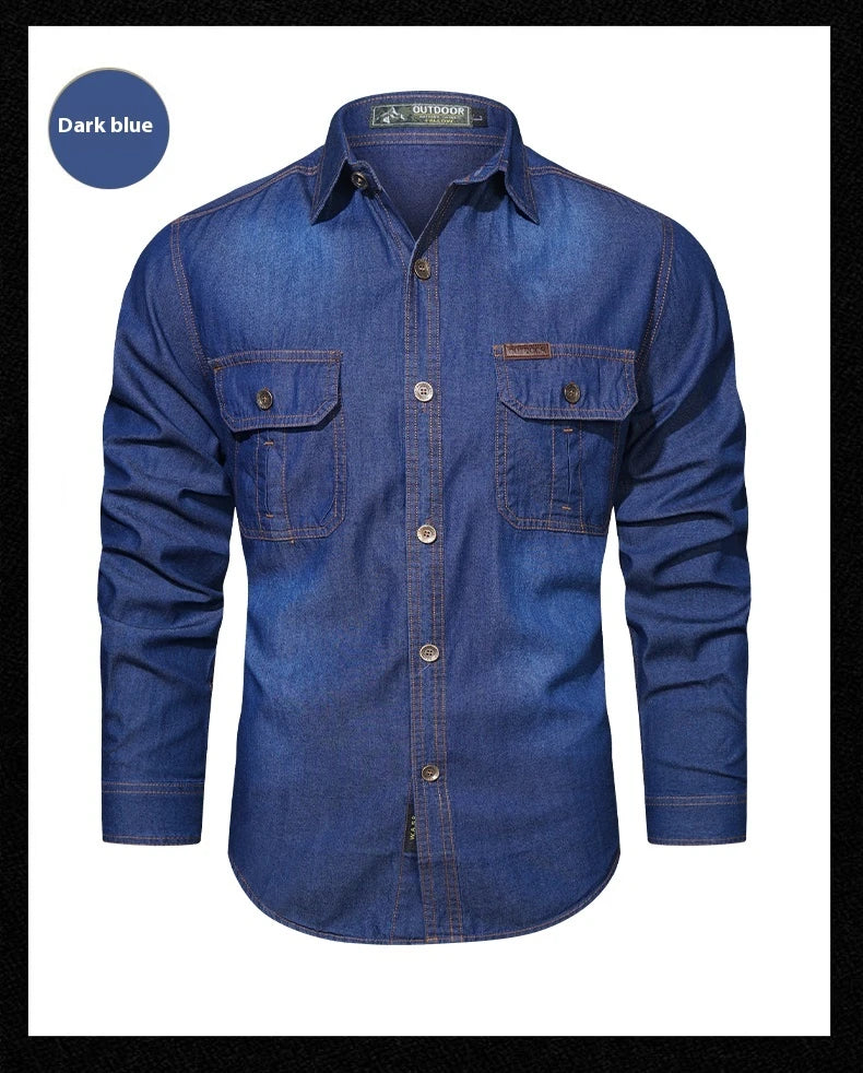 A stylish men's casual cotton and bamboo denim long-sleeved shirt in a light blue color