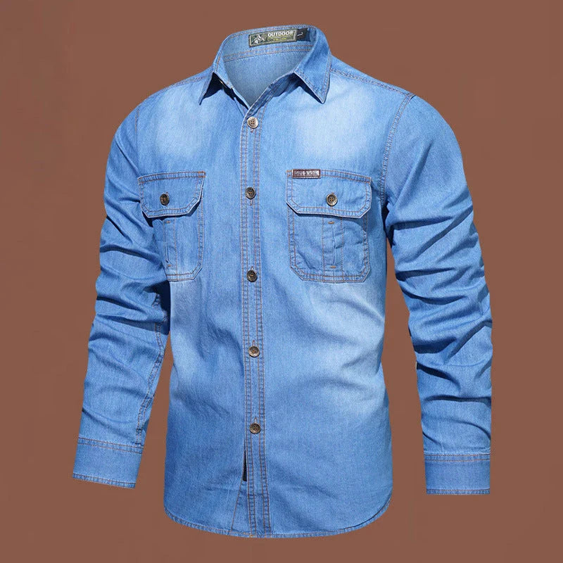 A stylish men's casual cotton and bamboo denim long-sleeved shirt in a light blue color