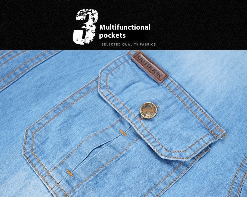 A stylish men's casual cotton and bamboo denim long-sleeved shirt in a light blue color