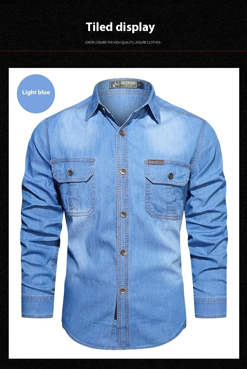 A stylish men's casual cotton and bamboo denim long-sleeved shirt in a light blue color