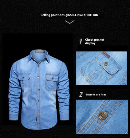 A stylish men's casual cotton and bamboo denim long-sleeved shirt in a light blue color