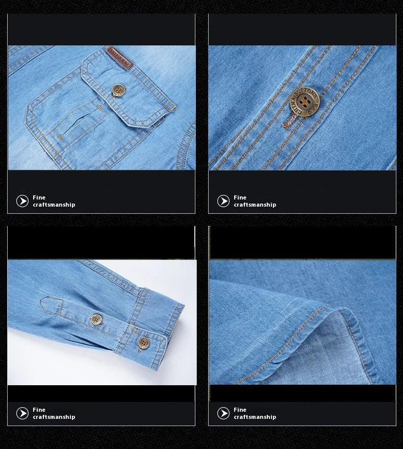 A stylish men's casual cotton and bamboo denim long-sleeved shirt in a light blue color