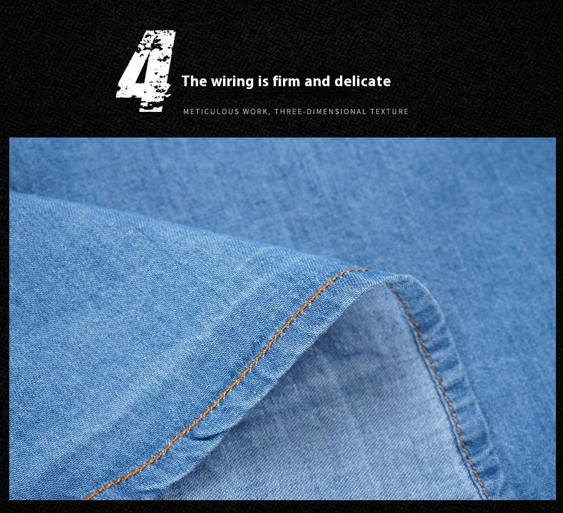 A stylish men's casual cotton and bamboo denim long-sleeved shirt in a light blue color