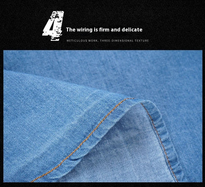 A stylish men's casual cotton and bamboo denim long-sleeved shirt in a light blue color