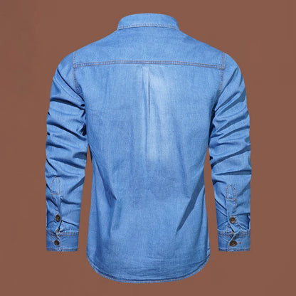A stylish men's casual cotton and bamboo denim long-sleeved shirt in a light blue color